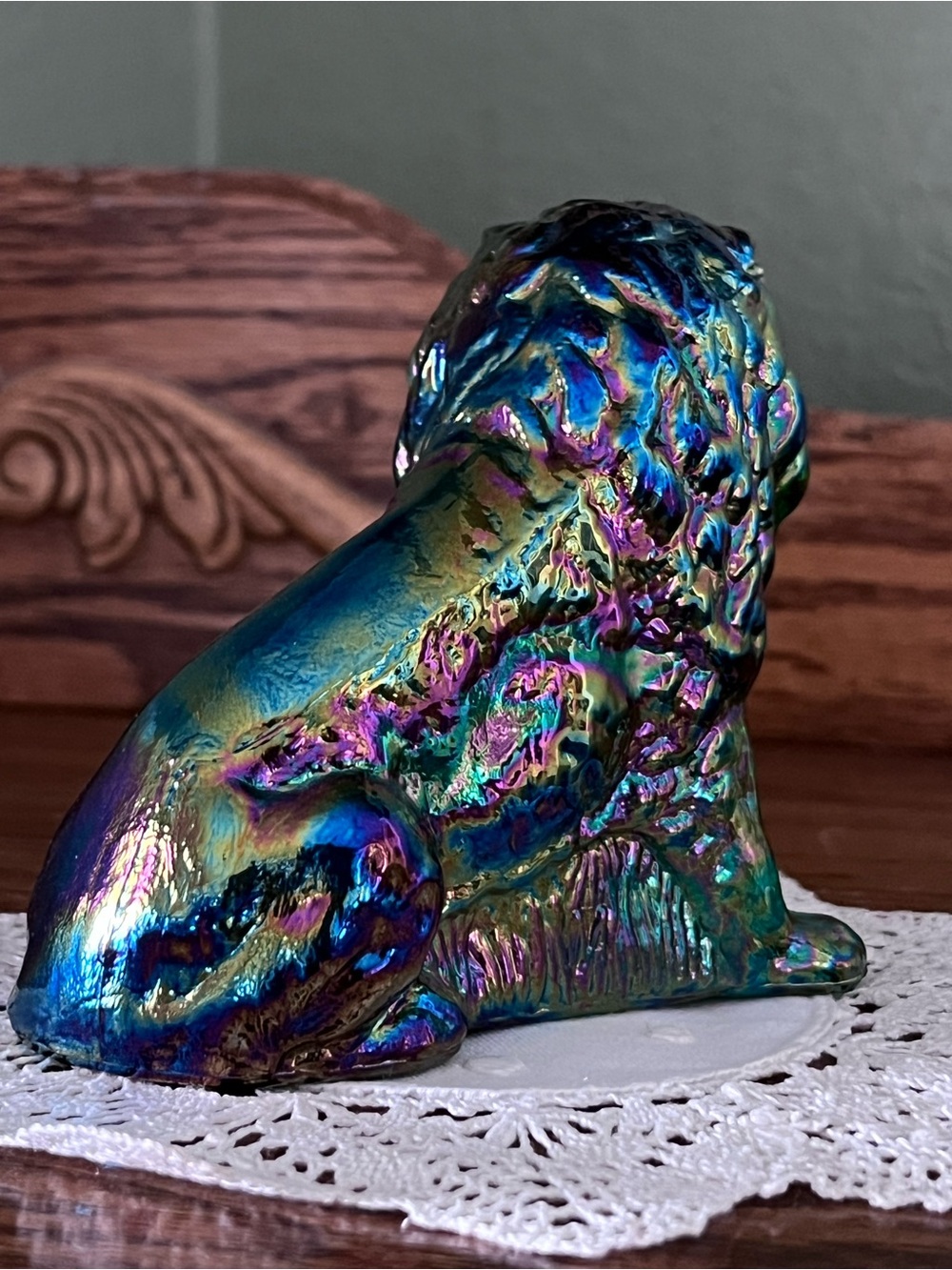 Vintage Mosser Glass Emerald Green Carnival Iridized Lion Figurine Paperweight - Picture 4 of 14